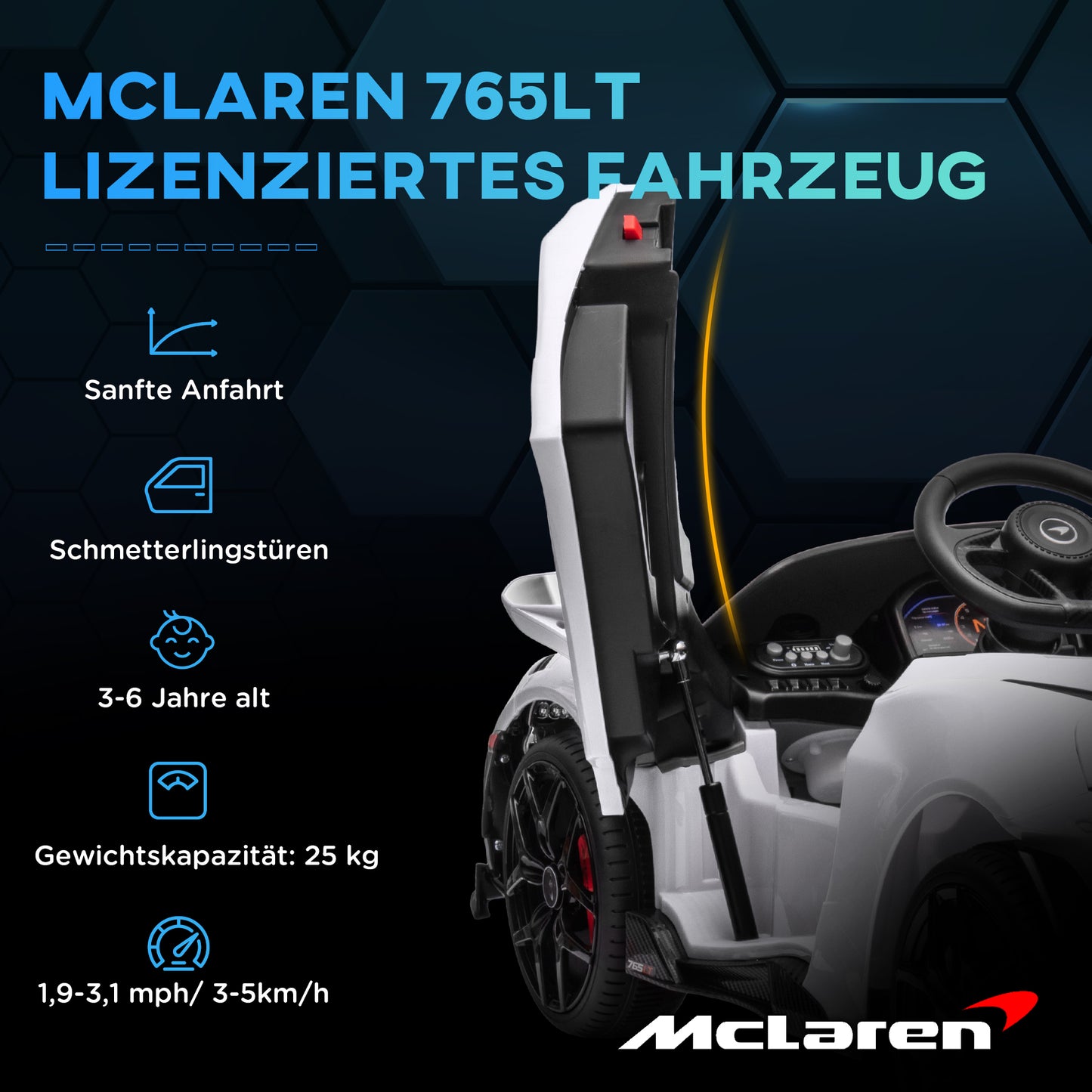 AIYAPLAY Kinder-Elektroauto mit Flügeltüren, fernsteuerbar, mit sanftem Antrieb und LED-Lichtern, Weiß