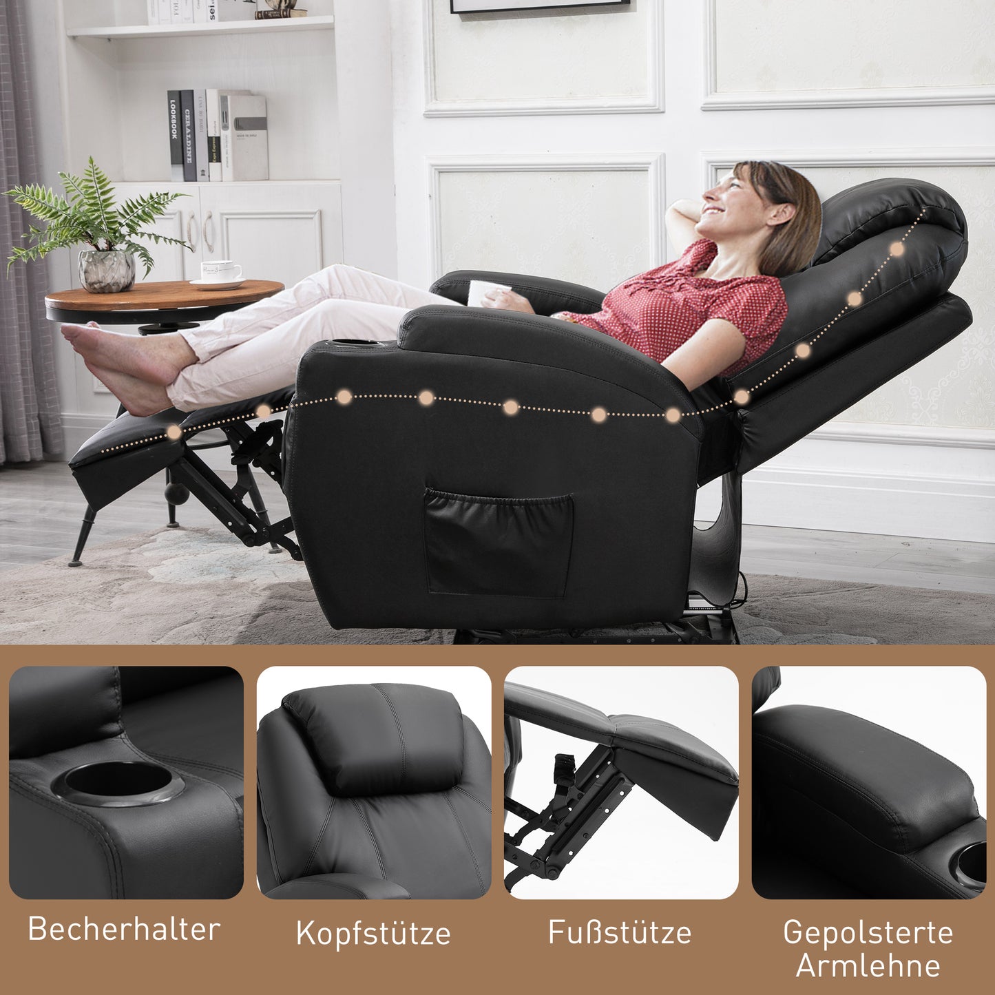 HOMCOM Fernsehsessel Elektrisch Relaxsessel mit Liegefunktion Aufstehhilfe Massage Massagesessel mit verstellbar Rückenlehne Seitentasche Getränkehalter TV Sessel bis 160kg für Wohnzimmer Schwarz