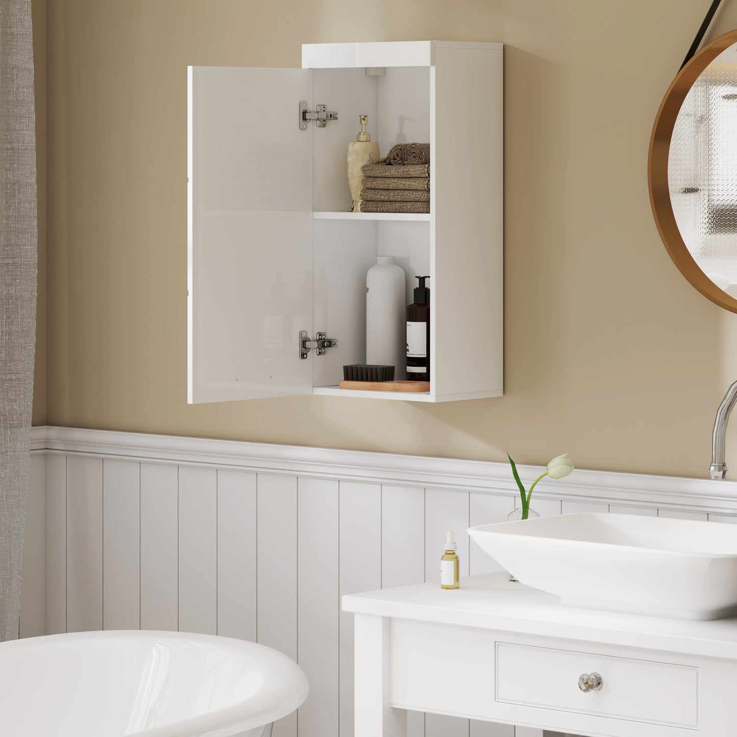 HOMCOM Zweistufiger Badezimmerschrank, Badkommode, wandmontiert, Spanplatte, MDF, Weiß