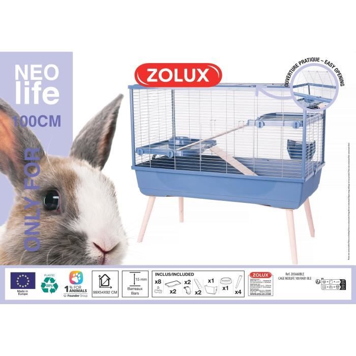 Raised rodent cage - Zolux - Néolife - 2 levels for rabbits - 99 x 54 x 92 cm - Blue