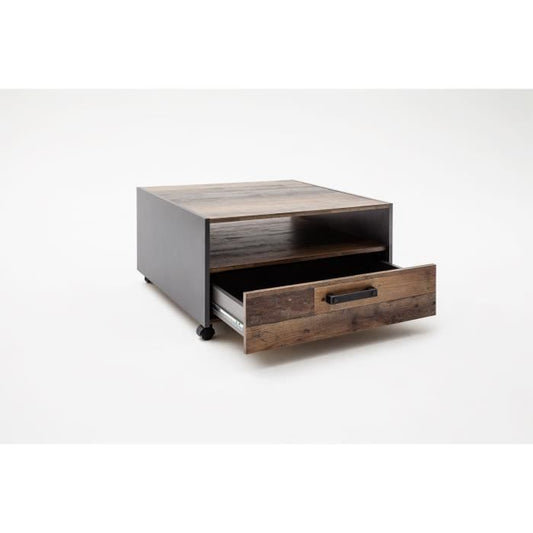 Square coffee table on wheels - Particle board - Aged wood and gray decor - Double top - 1 drawer - L70 x D70 x H40 cm