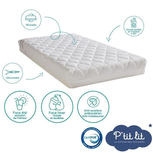 Air-conditioned baby mattress - 70x140x10 cm - Reversible - Removable cover - Anti-mite - Made in France
