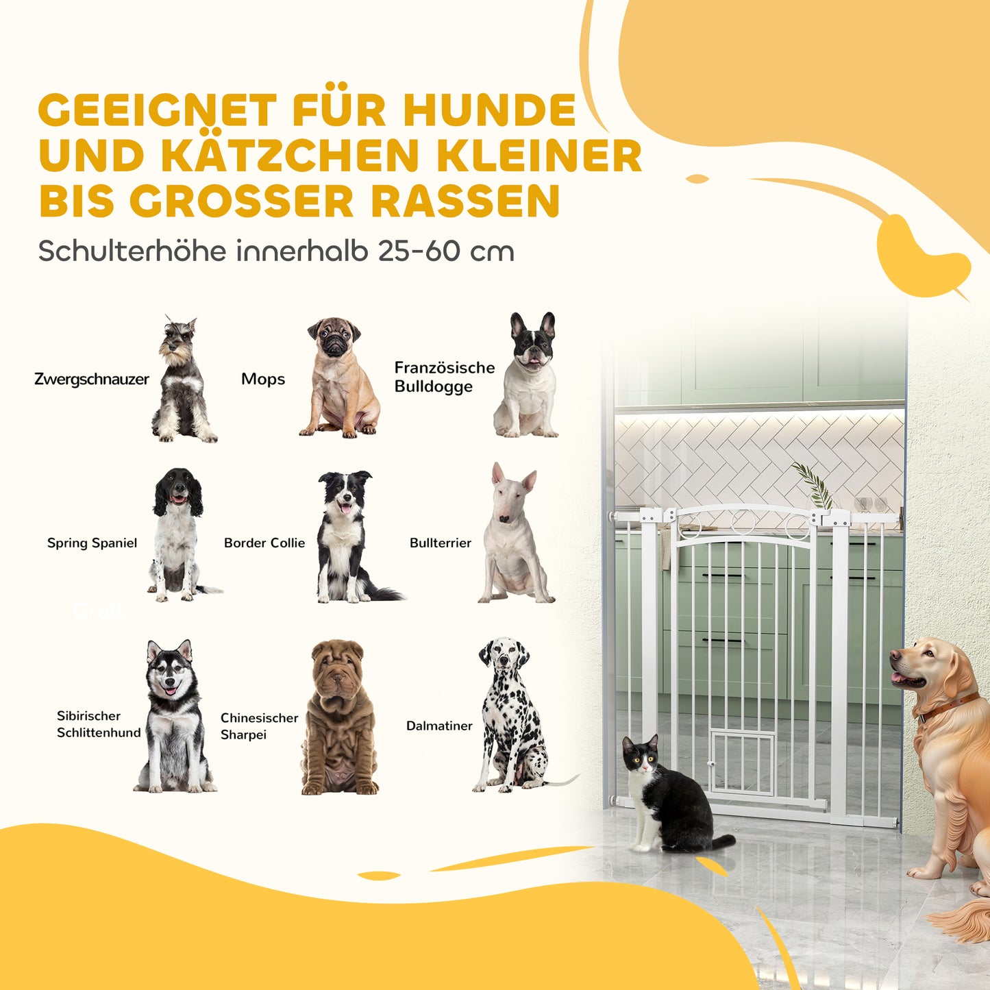 PawHut 106 cm hohes Haustiergitter med anpassbarer Breite, integrierte Katzentür, för Treppen och Türrahmen, Weiß