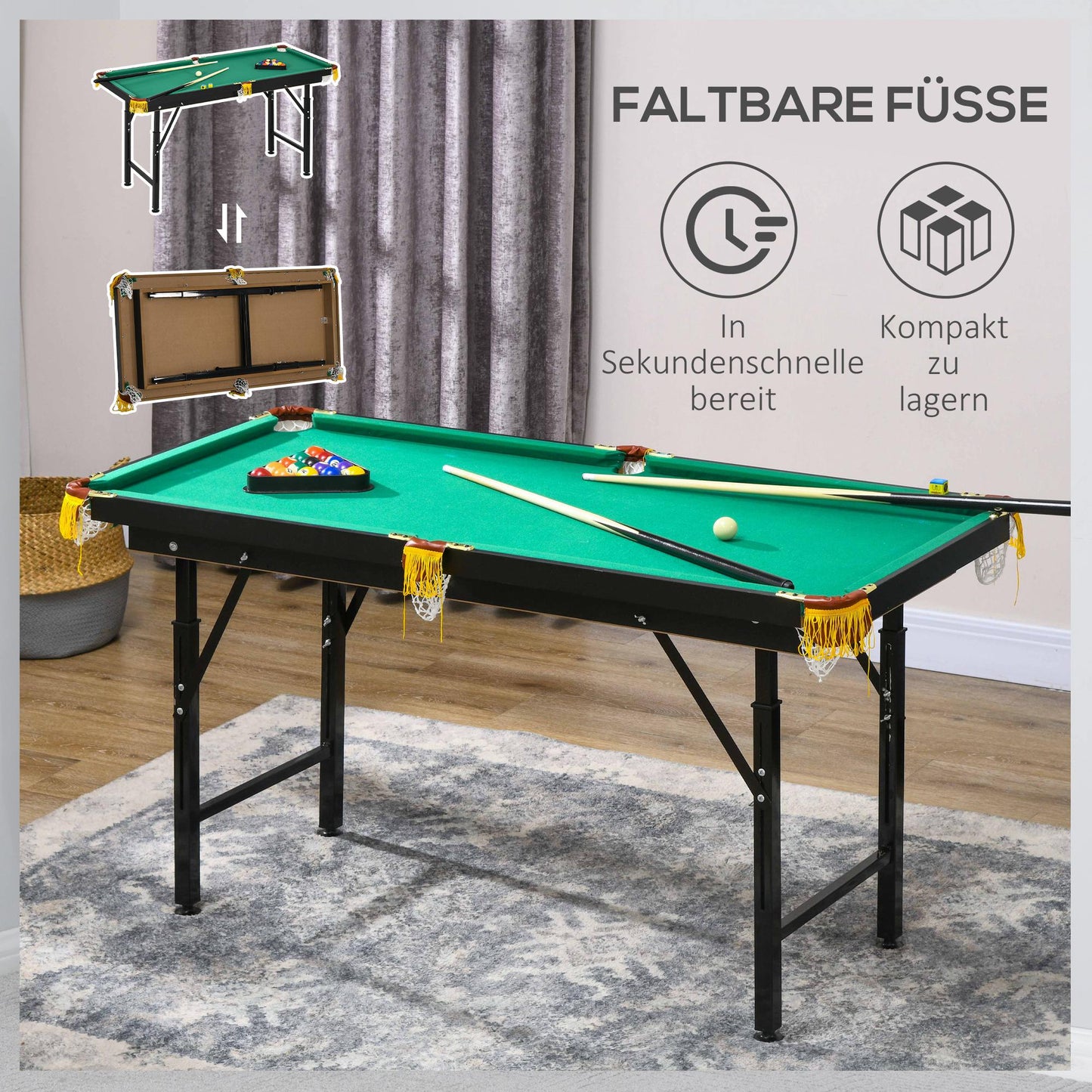 SPORTNOW Billardtisch, klappbar, höhenverstellbar, inkl. Dreieck/2 Queues/16 Kugeln, Grün
