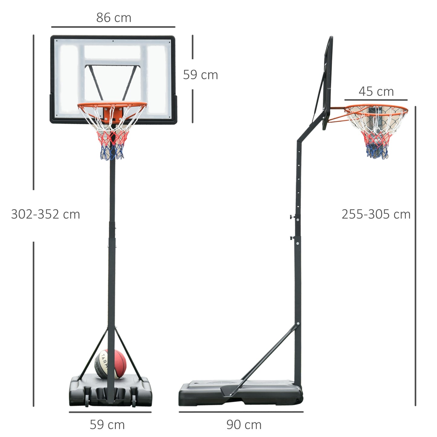 HOMCOM Basketballkorb Outdoor mit Ständer, 255–305cm Höhenverstellbar Basketballständer mit Rollen, Basketball-Backboard Ständer, Basketballanlage, Stahl
