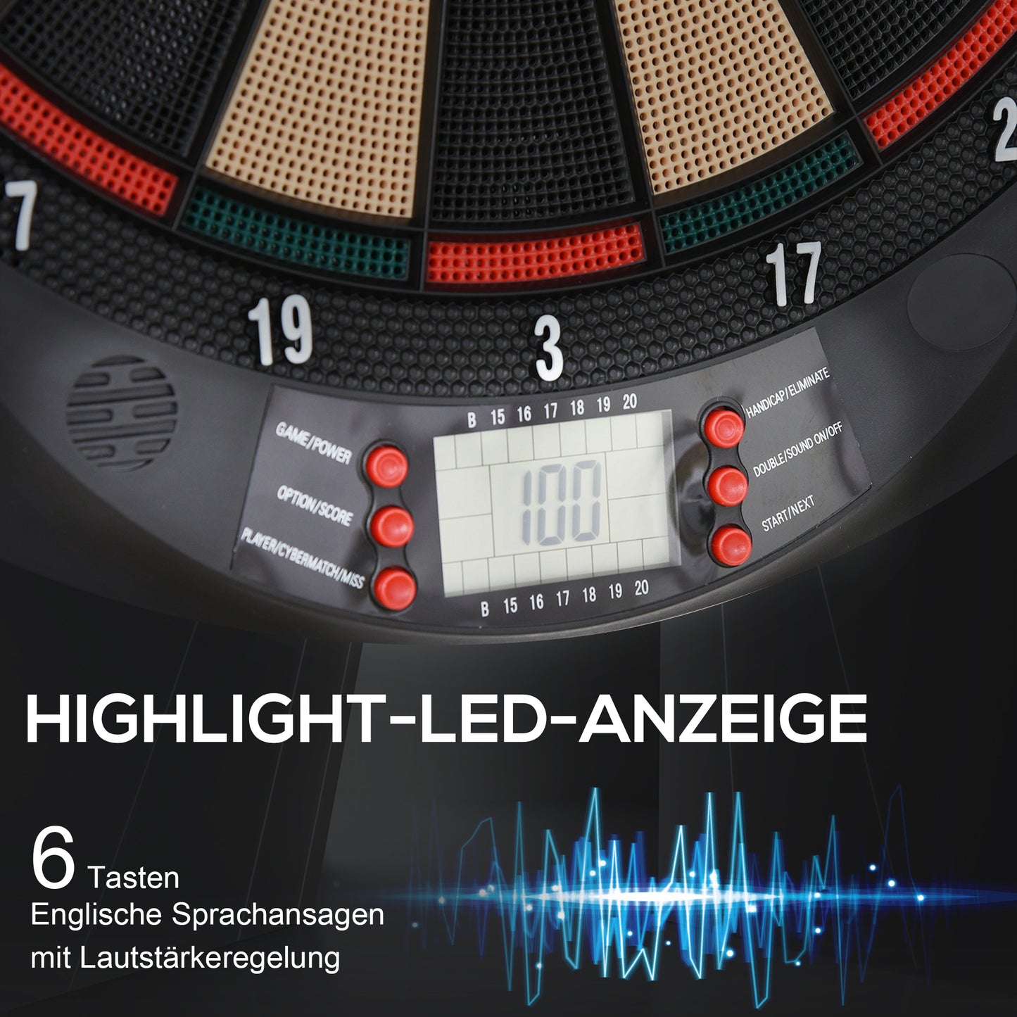 HOMCOM Elektronische Dartscheibe automatische Wertung Dartboard Dart-set mit 6 Darts 30 Dartköpfe 26 Spiele und 185 Trefferoptionen für 8 Spieler Soundeffekte Schwarz 44 x 39,5 x 2,2 cm