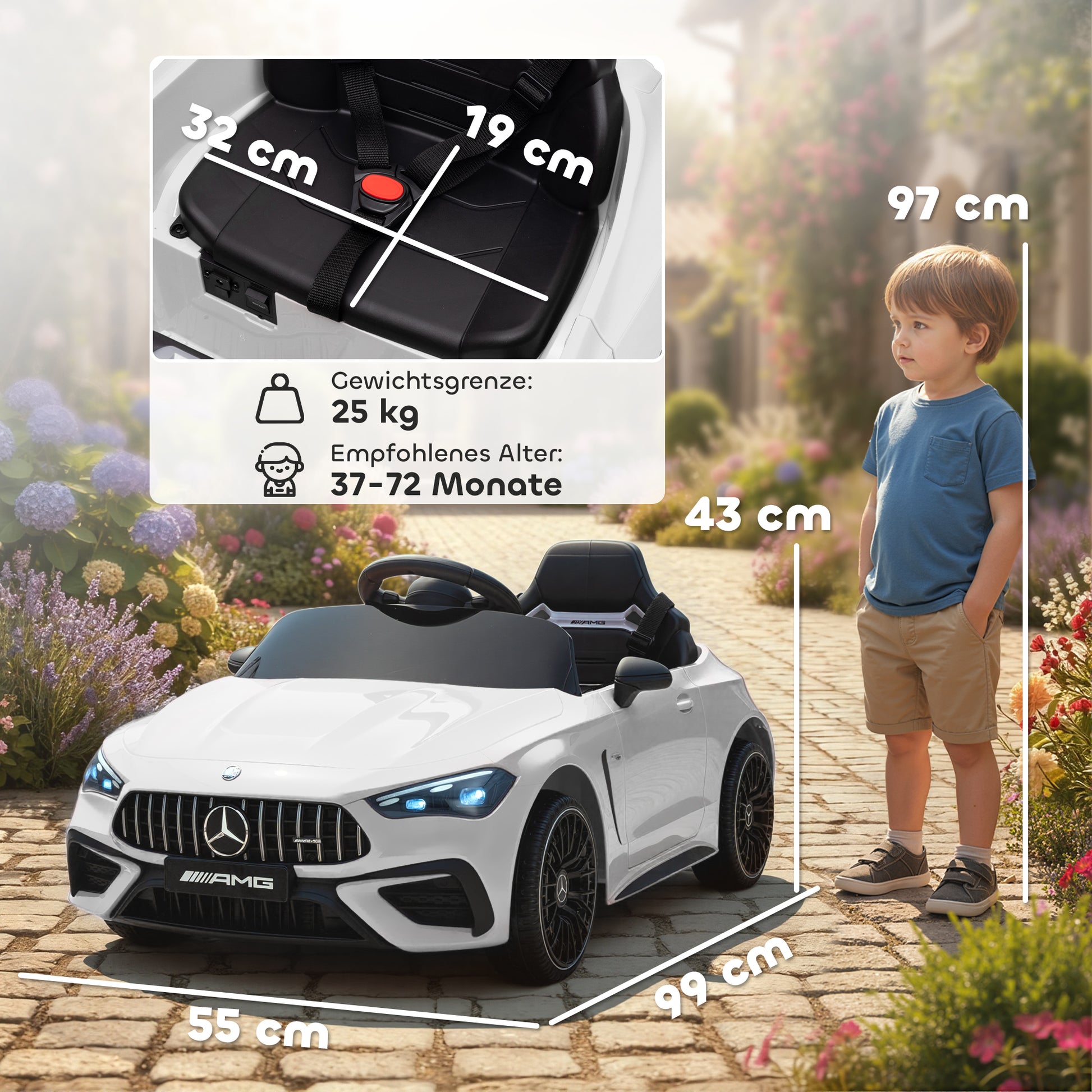 AIYAPLAY Kinder-Elektroauto, Mercedes-Design, 12V Motoren, Fernbedienung, LED-Lichter, Musik, für 3-6 Jahren Kinder, Weiß
