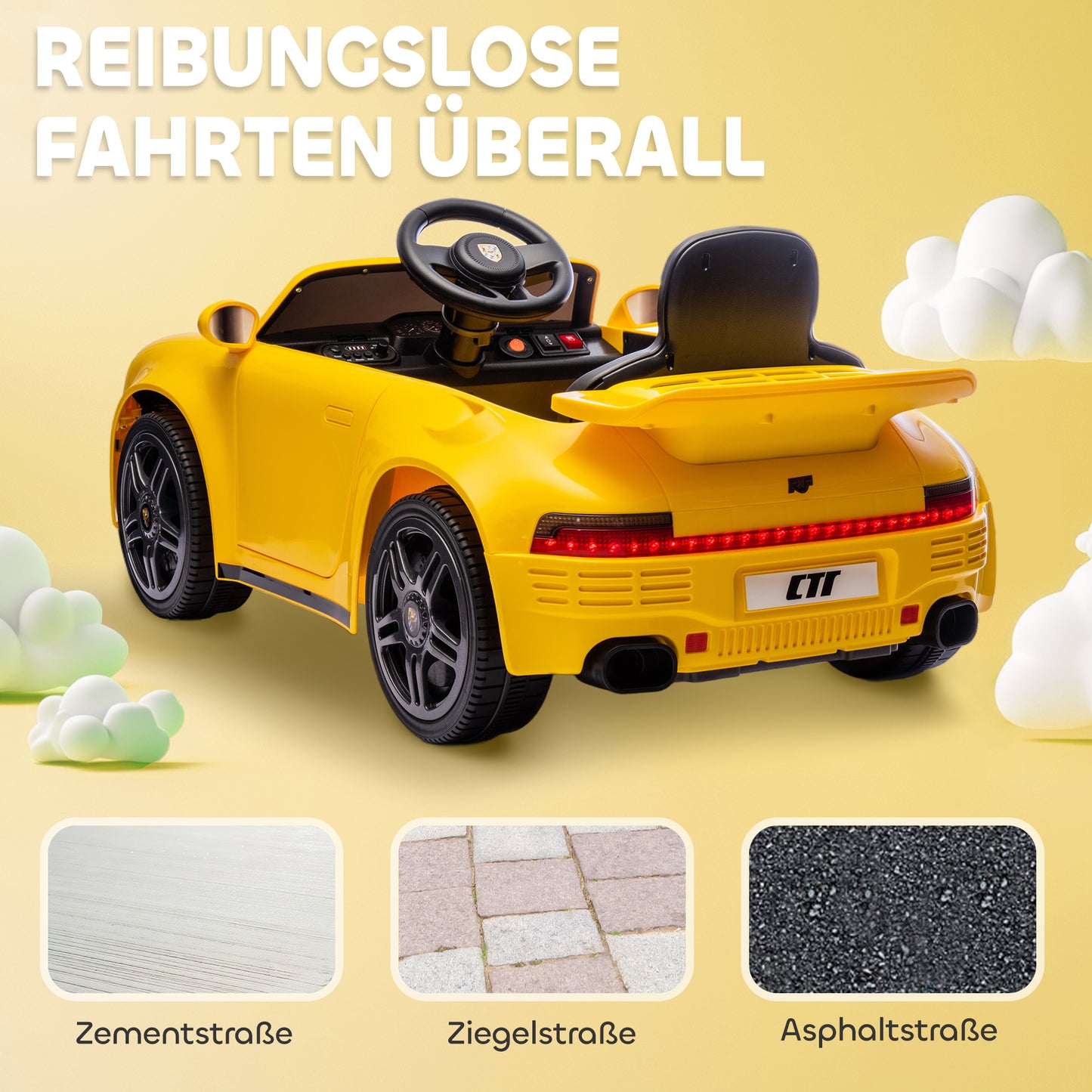 AIYAPLAY Kinder-Elektroauto, 12V Kinderauto mit Fernbedienung, sanfter Start, MP3-Player, LED-Lichter, Hupe, Energieanzeige, Gelb