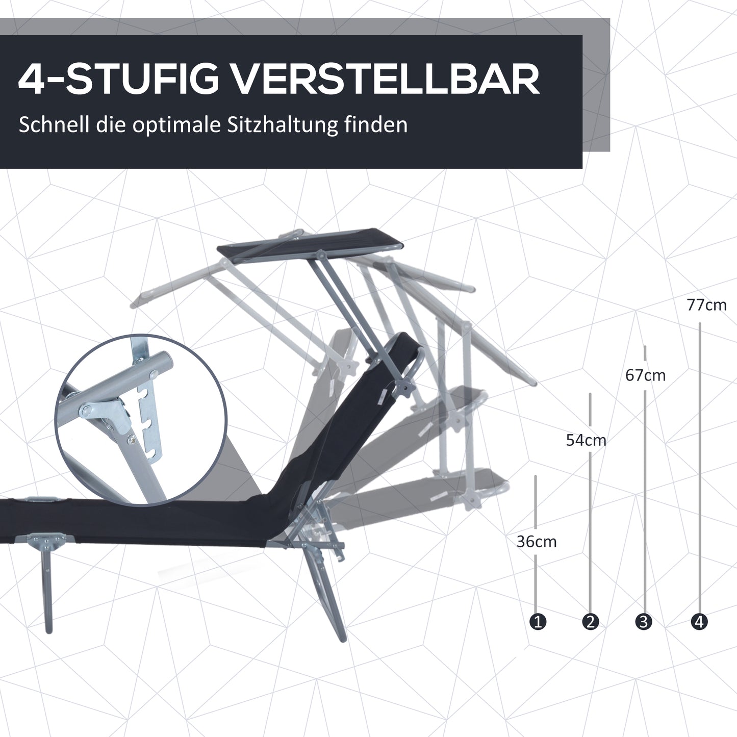 Outsunny Sonnenliege klappbar Gartenliege mit Sonnenschutz Liegestuhl mit 4-Fach verstellbare Rückenlehne Campingliege bis 120kg belastbar für Garten, Balkon und Pool geeignet, 6 Farben(Schwarz )