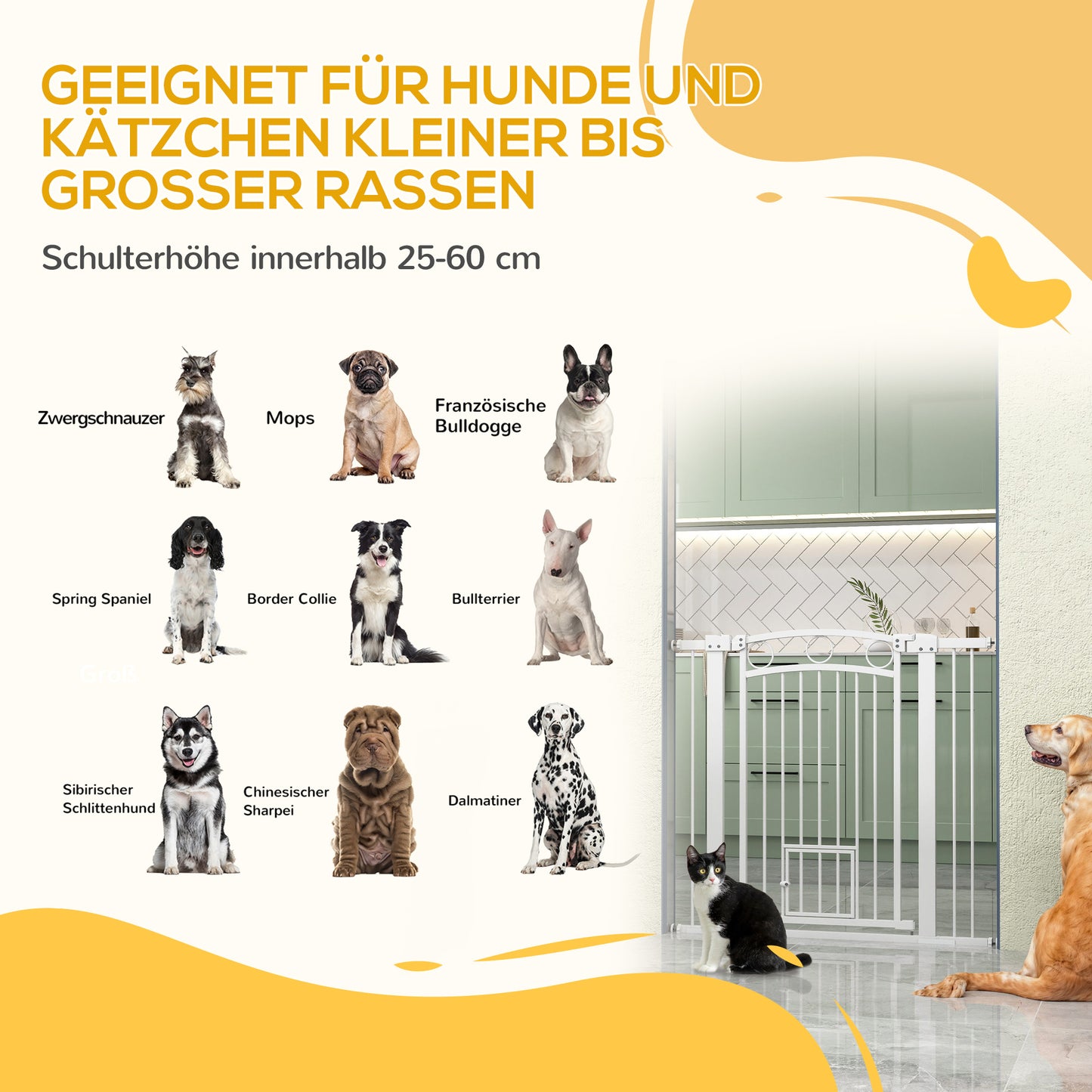 PawHut Haustiertor, 96 cm Treppengatter, verstellbar Breite 76-104 cm, mit Katzentür, für Treppen och Türöffnungen, Weiß