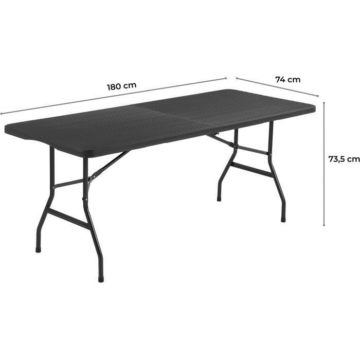 Folding reception table 8 people 180x74 x73.5cm - Steel structure and Polyethylene top - woven resin look - Black