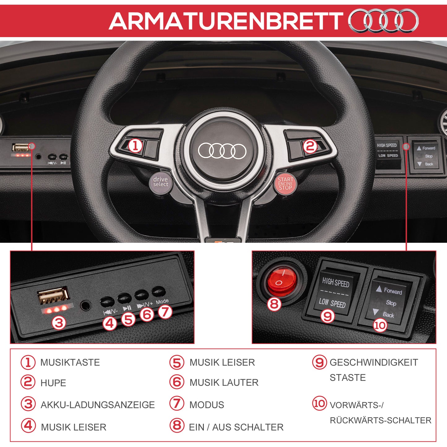HOMCOM Kinder-Elektroauto Audi, mit 2,4G Fernbedienung, Musik, Hupe, LED, USB, für Kinder 3-5 Jahre, Schwarz