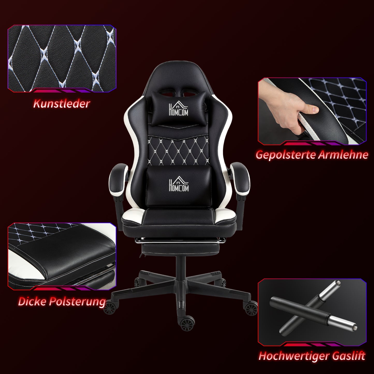 HOMCOM Gaming-Stuhl mit Fußstütze, Computerstuhl mit Kopfstütze & Kissen, Kunstleder-Bezug, drehbar, höhenverstellbar, Metall, Kunststoff, Schwarz+Weiß