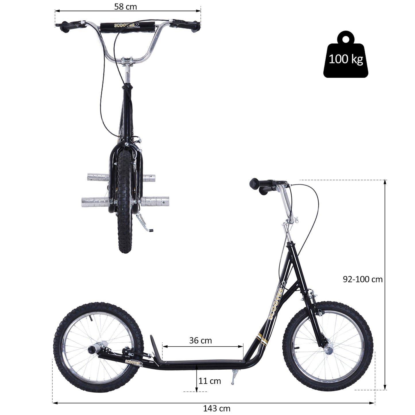 HOMCOM Kinderroller mit Luftreifen Kickscooter Scooter Tretroller Cityroller für Kinder Kickboard 16 Zoll ab 5 Jahre Höhenverstellbar Schwarz 143 x 58 x 92-100 cm