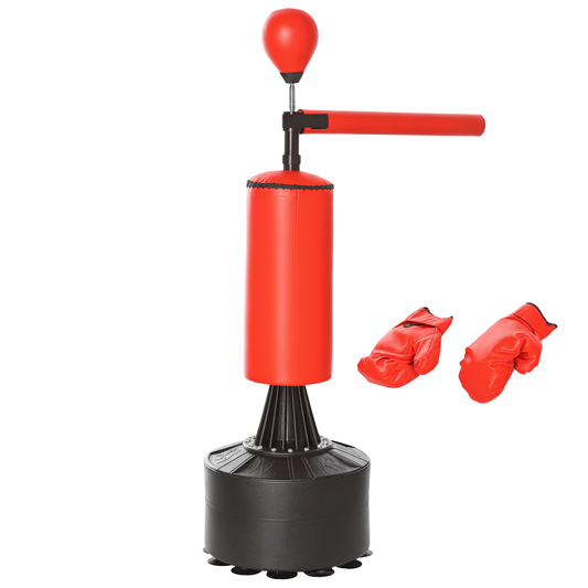 HOMCOM Standboxsack Boxtrainingsgerät mit Reflexball, 360°-Drehstange, Saugfuß, Sand/Wasser befüllbar, Stehend Boxassistent mit Handschuhe, Luftpumpe Training Boxsack 88 x 48 x 155-205 cm