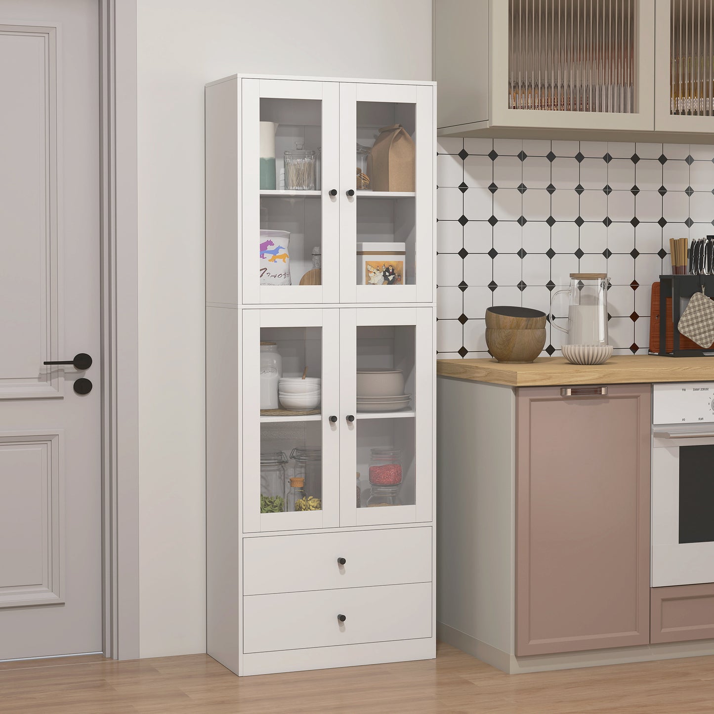 HOMCOM Küchenschrank mit Schubladen und Glastüren, Melamin-Oberfläche, Weiß