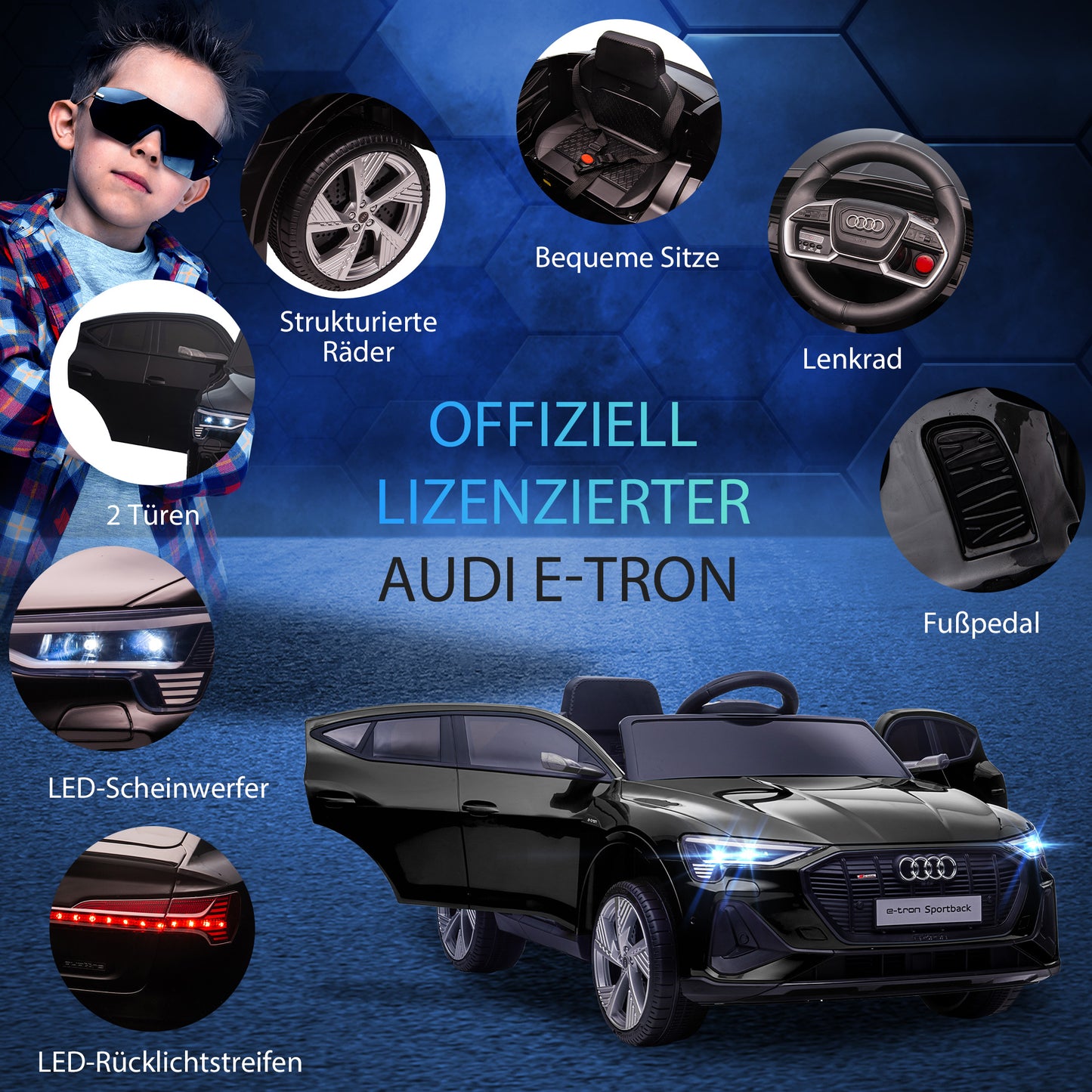 HOMCOM Elektro Kinderauto 12V Elektrofahrzeug Audi E-tron Elektroauto mit Fernbedienung, Sicherheitsgurt, Musik (MP3/USB/TF), Kinderfahrzeug für Kinder 3-5 Jahre, 3-5 km/h, Schwarz