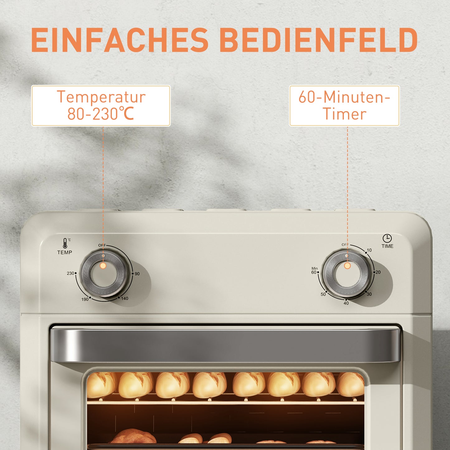 HOMCOM 10L Heißluft-Ofen zum Grillen, Backen und Frittieren, Timer, 1000W, Spülmaschinenfest, Cremeweiß