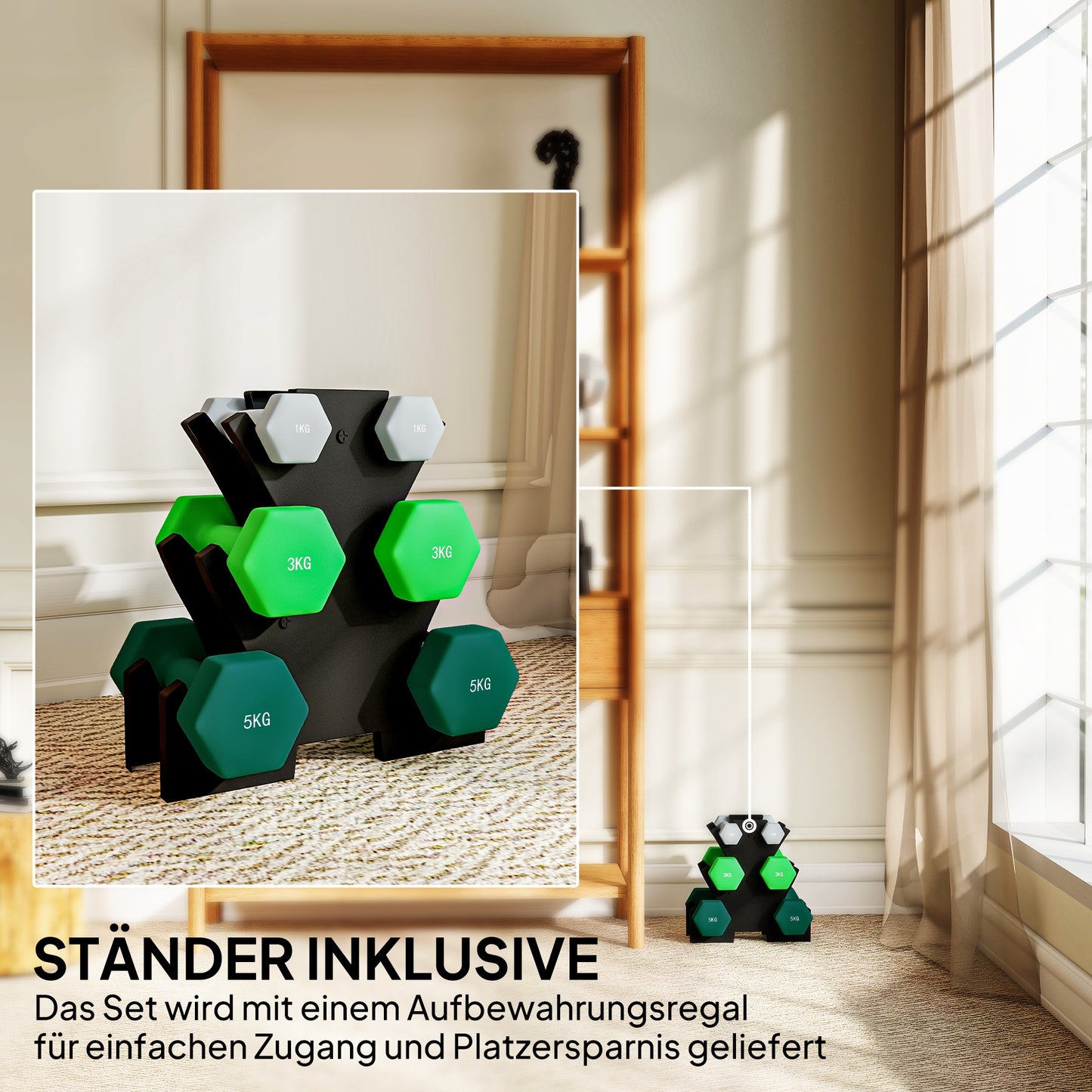 SPORTNOW Hantelset mit Aufbewahrungsgestell, Set mit 6 Hanteln für Fitness-Training, 2 x 1kg, 2 x 3kg, 2 x 5kg