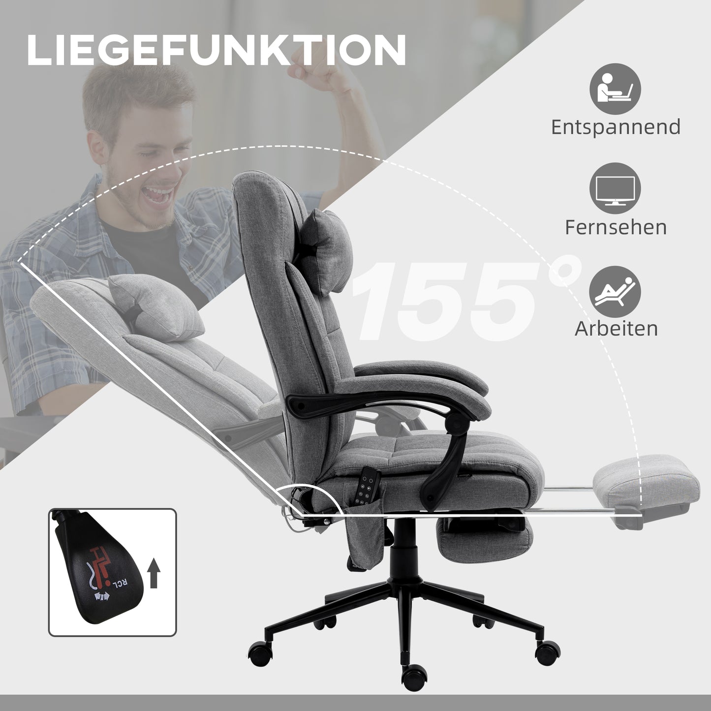 Vinsetto Bürostuhl mit Massagefunktion, ergonomisch, 66x76x112-120cm, Grau