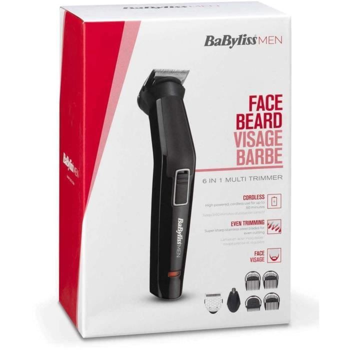 BABYLISS MT725E - 6 in 1 multifunction trimmer - Cordless - 60min autonomy - 2 interchangeable accessories - Washable heads