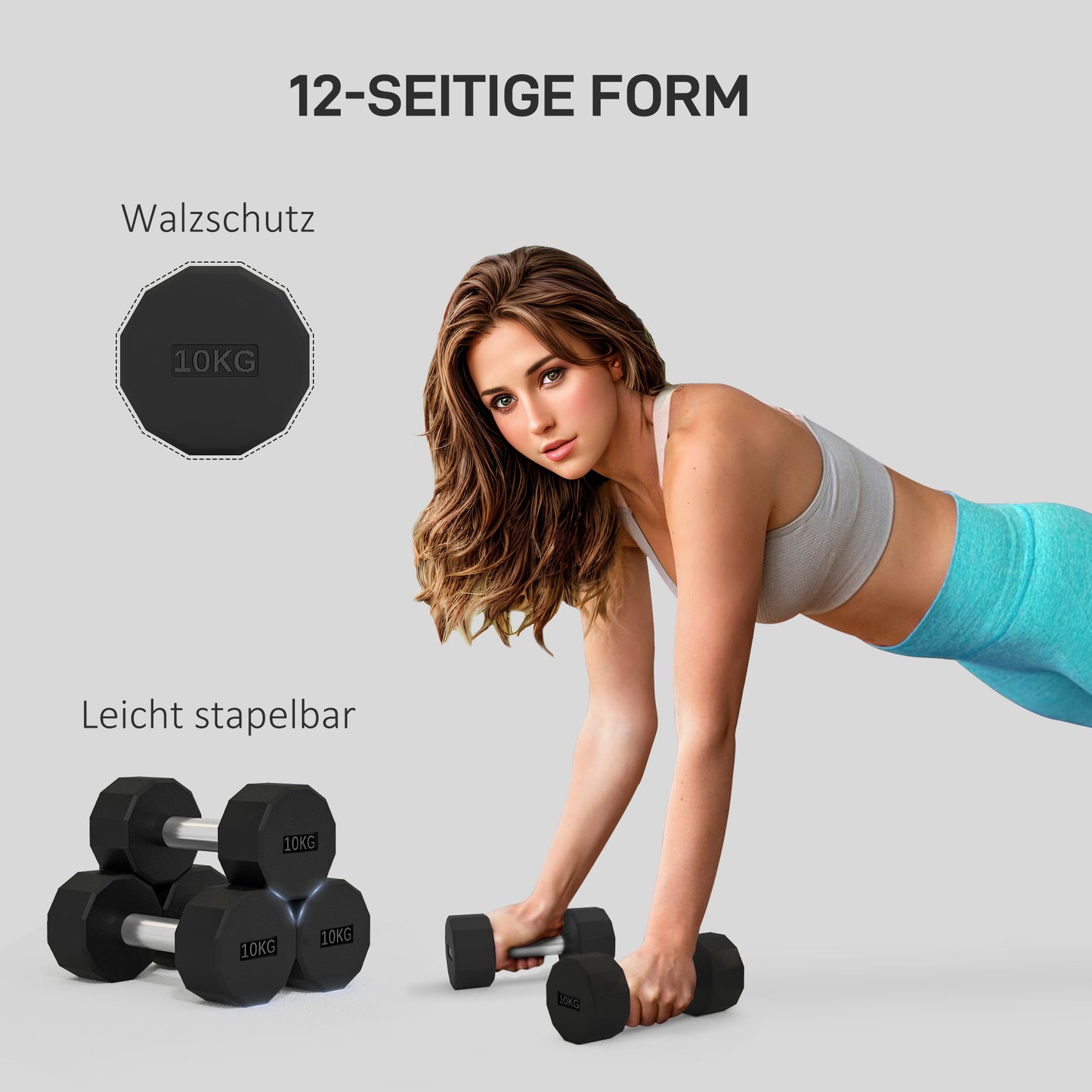 SPORTNOW Kurzhantel-Set 2 x 10kg, kein Wegrollen, rutschfester Griff, Gummimantel, Metallkern, Schwarz
