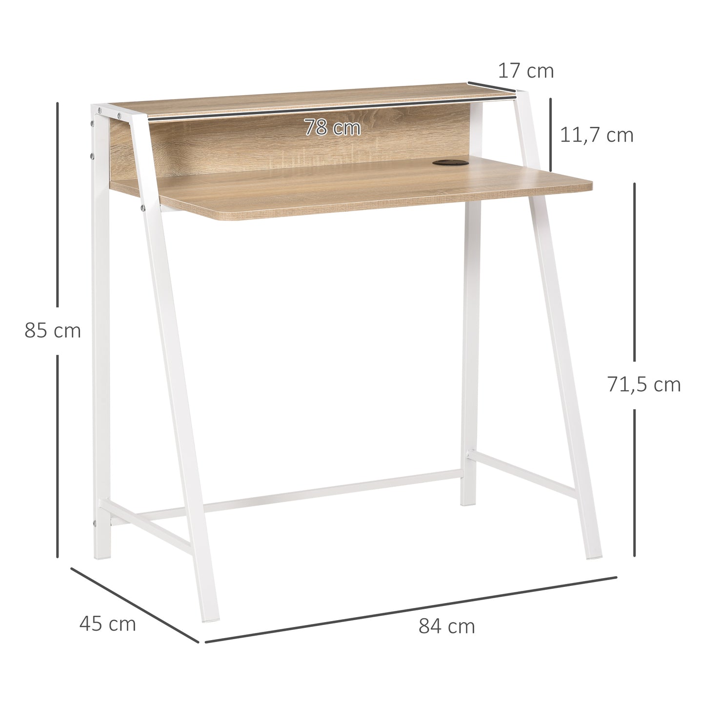 HOMCOM Schreibtisch, Computertisch mit Ablage und Kabel Management, moderner Schreibtisch mit Metallgestell für Arbeitszimmer, Schlafzimmer, Home Office, 84 x 45 x 85 cm, Weiß+Eiche