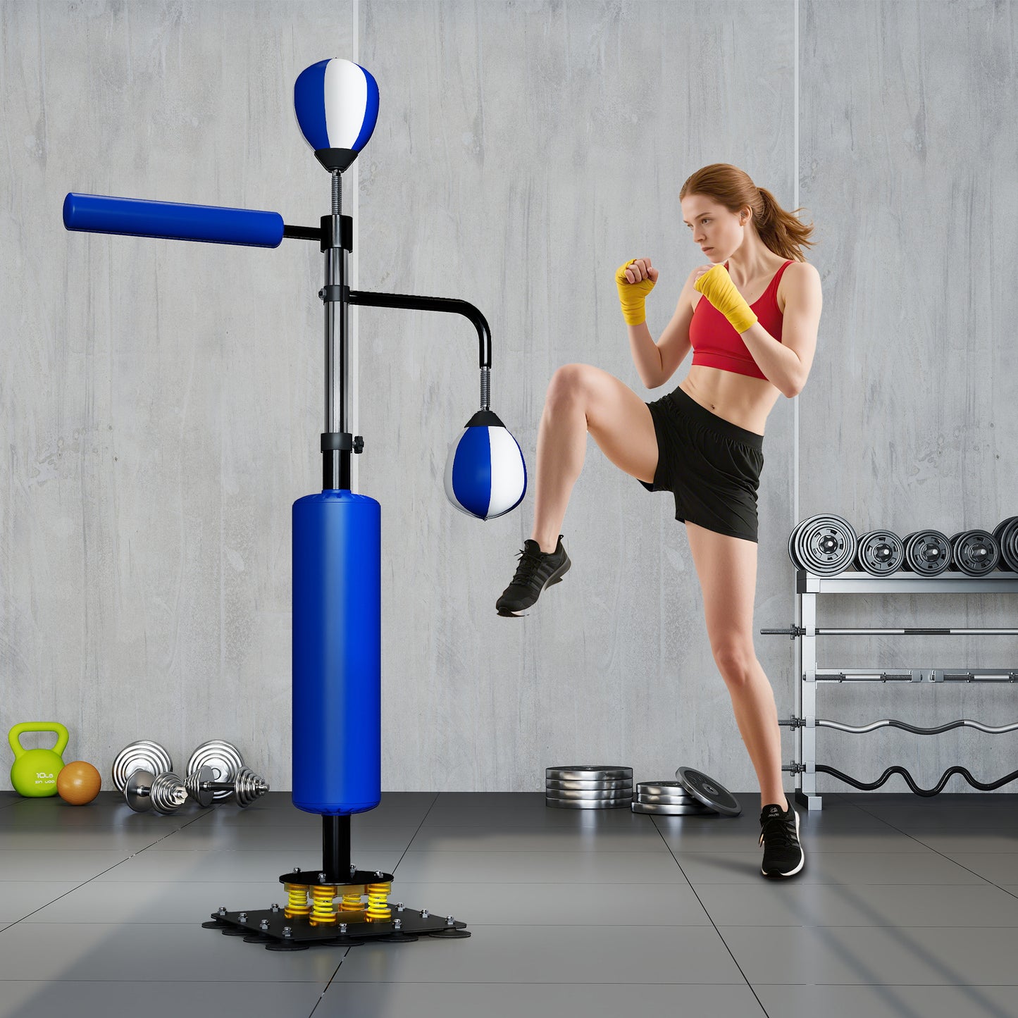 SPORTNOW Boxstand, zwei Speedballs, drehbare Boxstange, Kickpolster, höhenverstellbar, Stahl, 107 x 36 x 140-205 cm, Blau