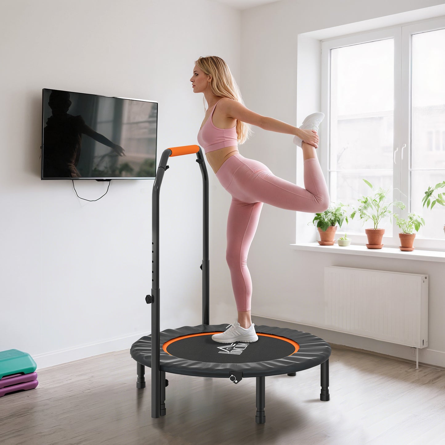 HOMCOM Fitnesstrampolin, klappbar, verstellbarer Haltegriff, Ø102 x 123H cm, bis 100 kg, Schwarz
