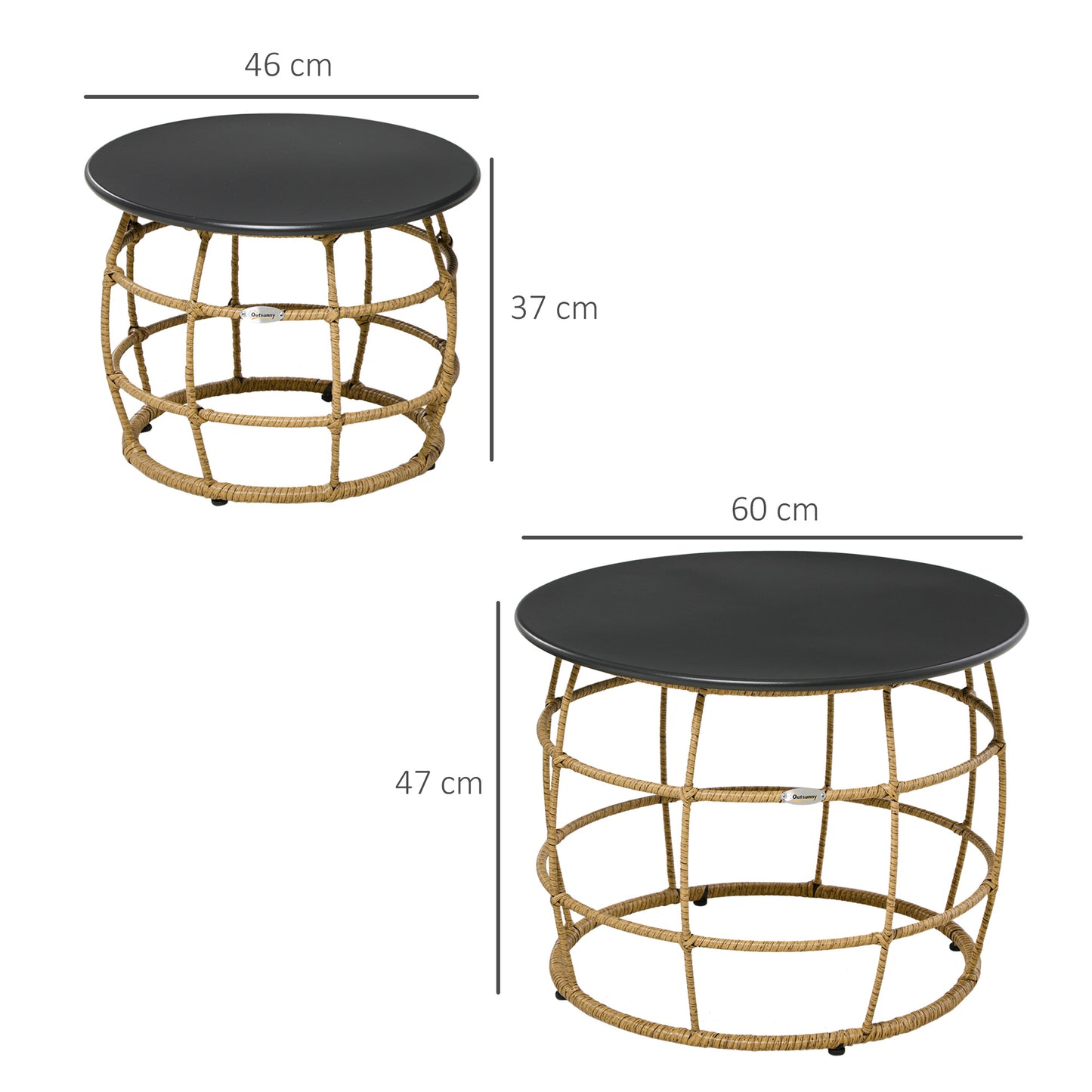 Outsunny 2er-Set Gartentische im Boho-Stil, wetterbeständig, stapelbar, 60 cm x 60 cm x 47 cm, Natur + dunkelgrau