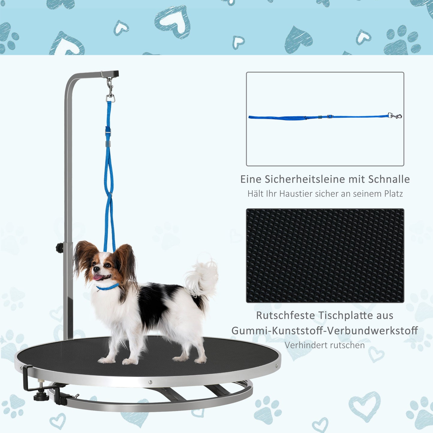 PawHut Hund Trimmtisch Tierpflegetisch drehbar trocknen Tabelle mit verstellbaren Arm rutschfeste Tischplatte Verriegelungssystem Aluminium-Legierung Rand Edelstahl Rahmen Sicherheit Leine Ø65x H10