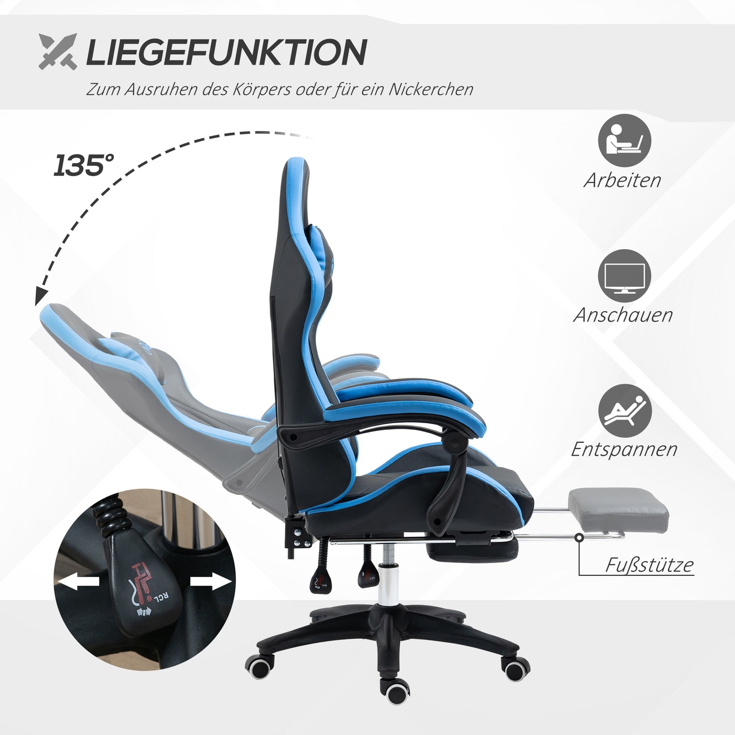 Vinsetto Bürostuhl, Gamingstuhl, 1 Kopfstütze, 1 Lendenstütze, Blau + Schwarz