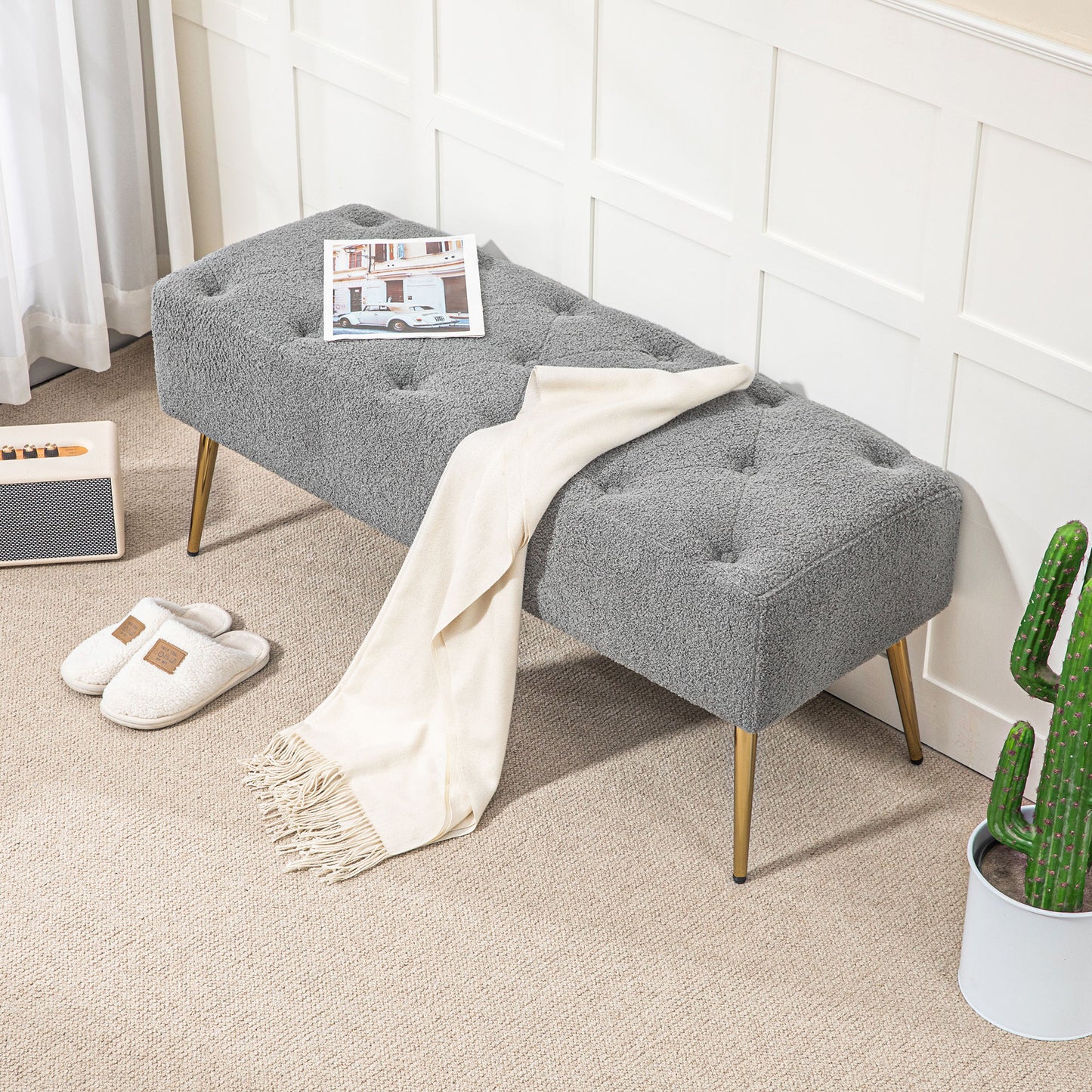 HOMCOM Bettbank, Sitzbank, weicher Bezug in Lammwoll-Optik, bis 120 kg, vergoldete Stahlbeine, 112x41x46cm, Grau