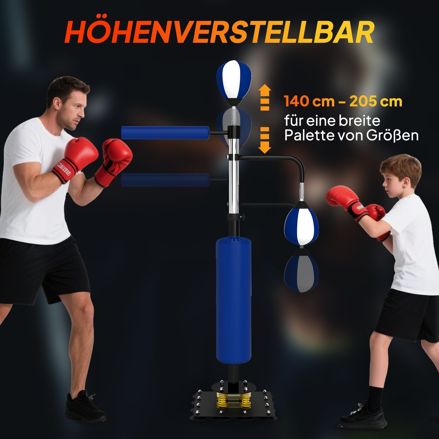 SPORTNOW Boxstand, zwei Speedballs, drehbare Boxstange, Kickpolster, höhenverstellbar, Stahl, 107 x 36 x 140-205 cm, Blau