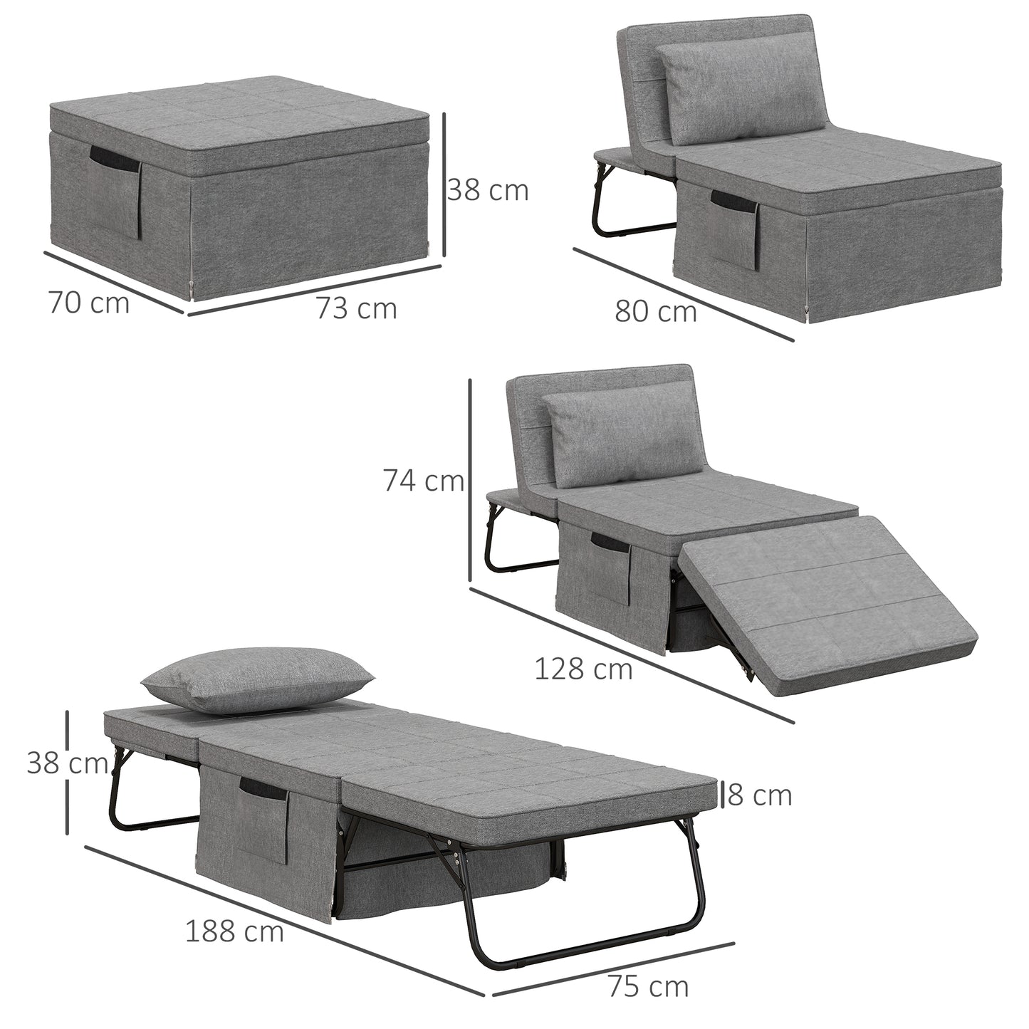 HOMCOM 4-in-1 Klappbett, Gästebett, höhenverstellbar, Matratze, Seitentaschen, Metallrahmen, grau, 188 x 75 x 38 cm