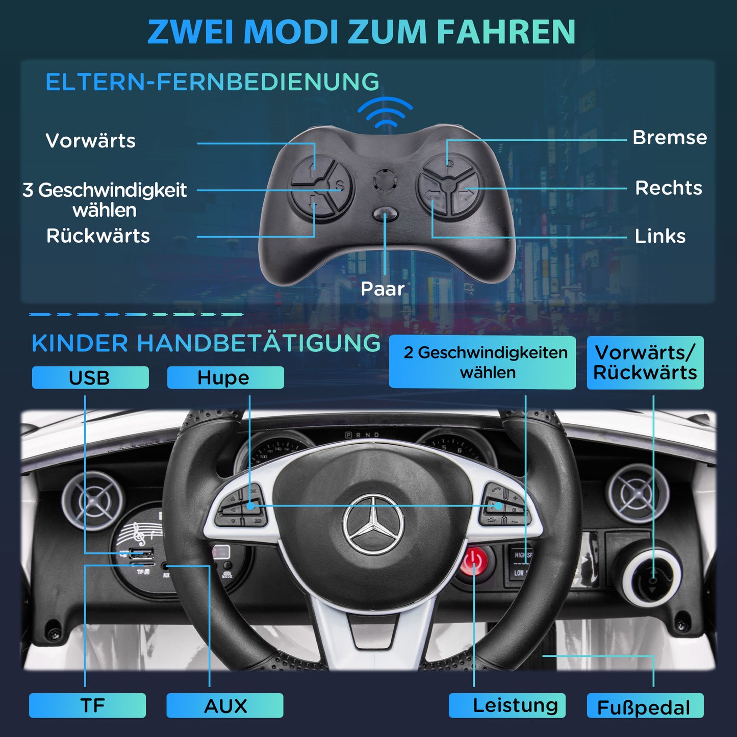 AIYAPLAY Kinder-Elektroauto, mit LED-Scheinwerfern, Sicherheitsgurt, Hupe, Musik, 3 bis 5 km/h, weiß, 107 x 62,5 x 44cm