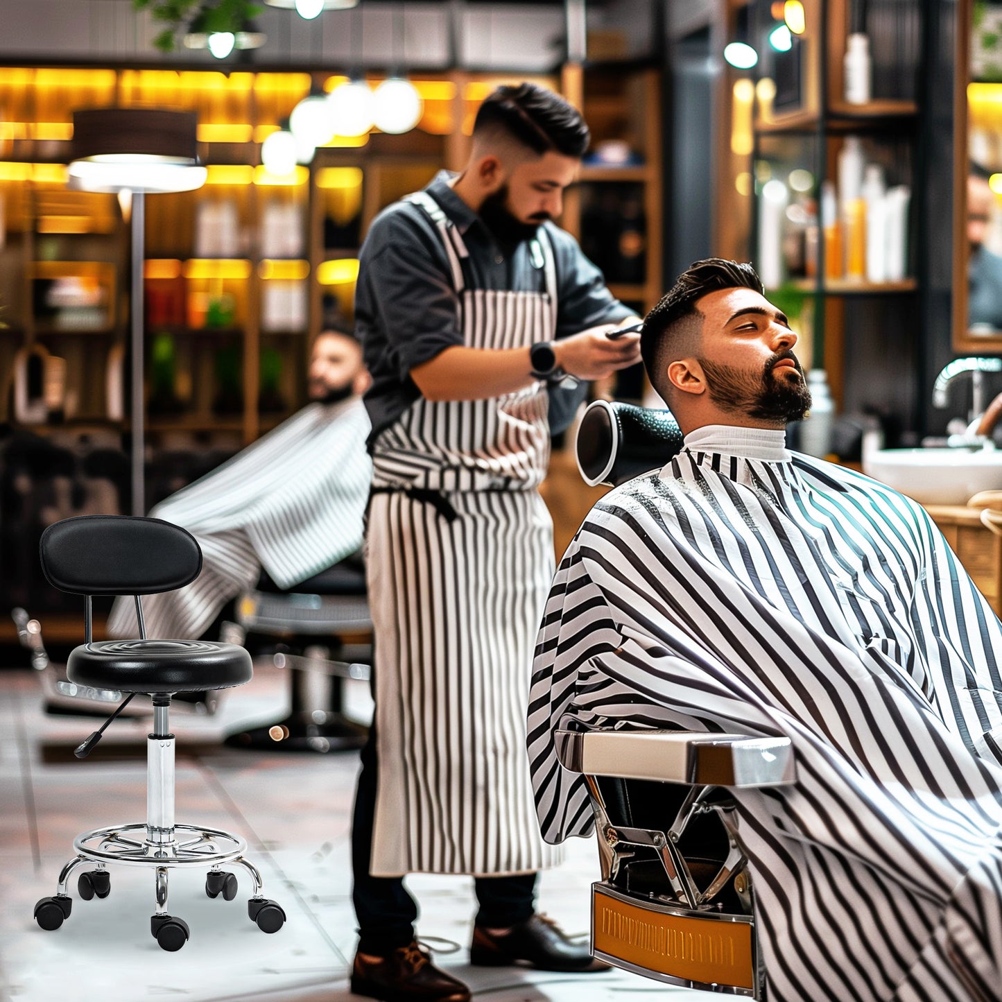 HOMCOM Rollhocker, Drehbarer und verstellbarer Hocker mit Rückenlehne, Kunstlederbezug, Fußstütze, für Frisiertische, Schwarz