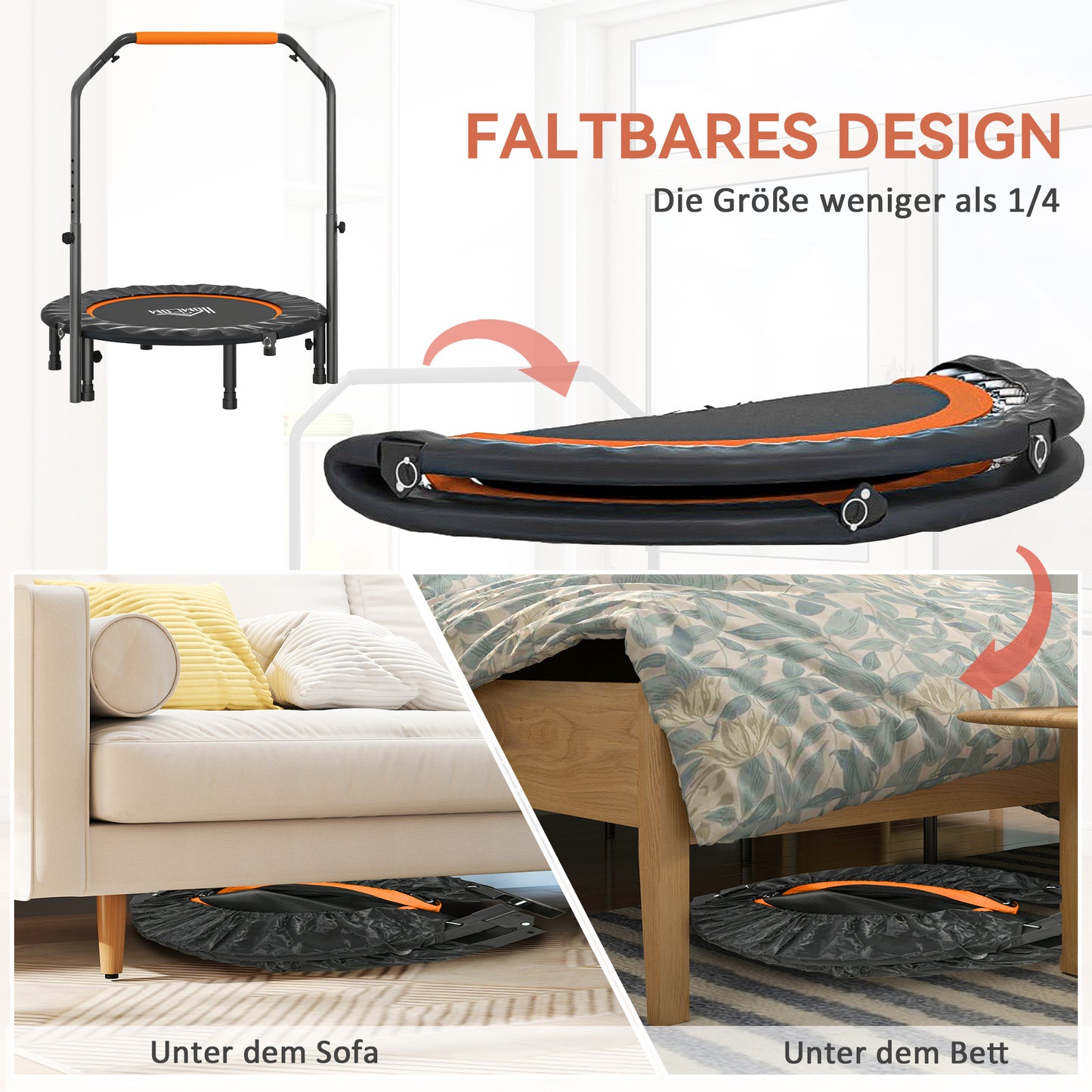 HOMCOM Fitnesstrampolin, klappbar, verstellbarer Haltegriff, Ø102 x 123H cm, bis 100 kg, Schwarz