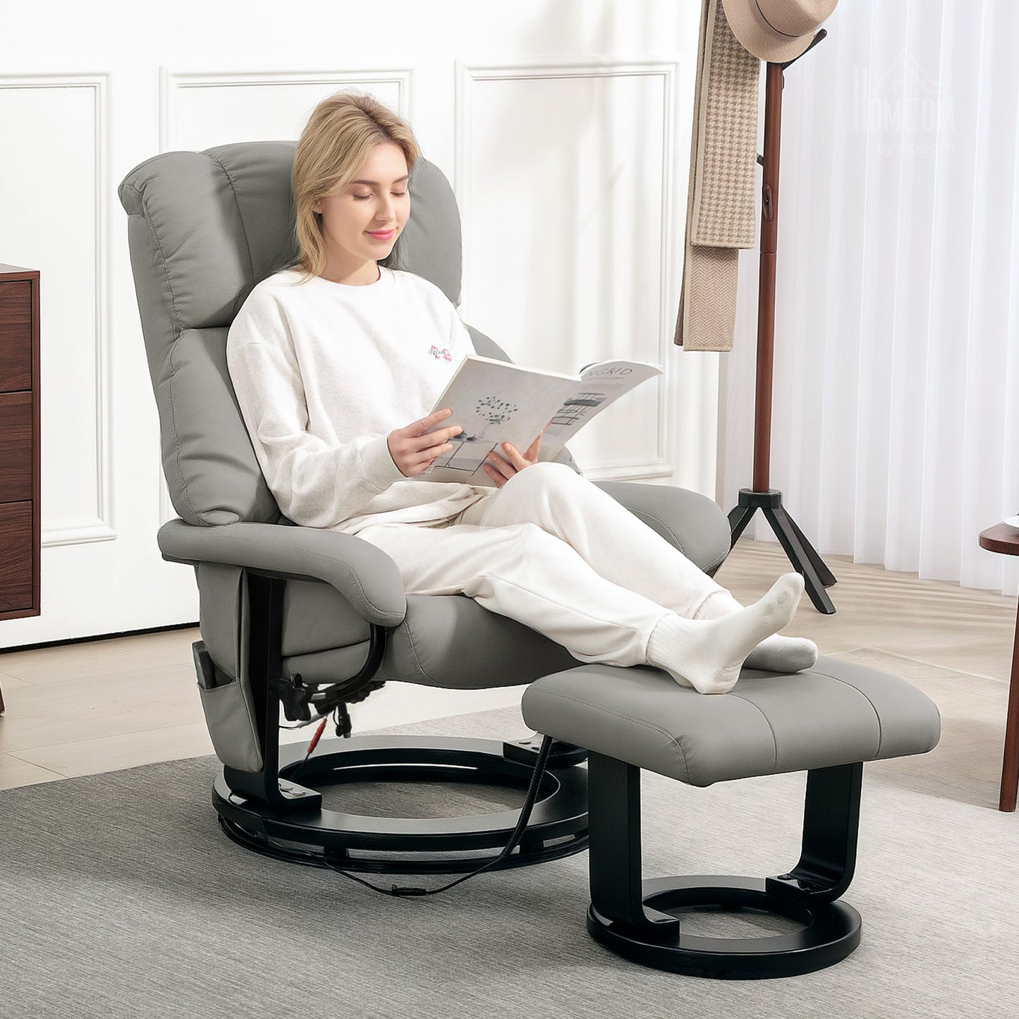 HOMCOM Relaxsessel Massagefunktion Fernsehsessel mit Seitentasche, Kunstleder, Grau