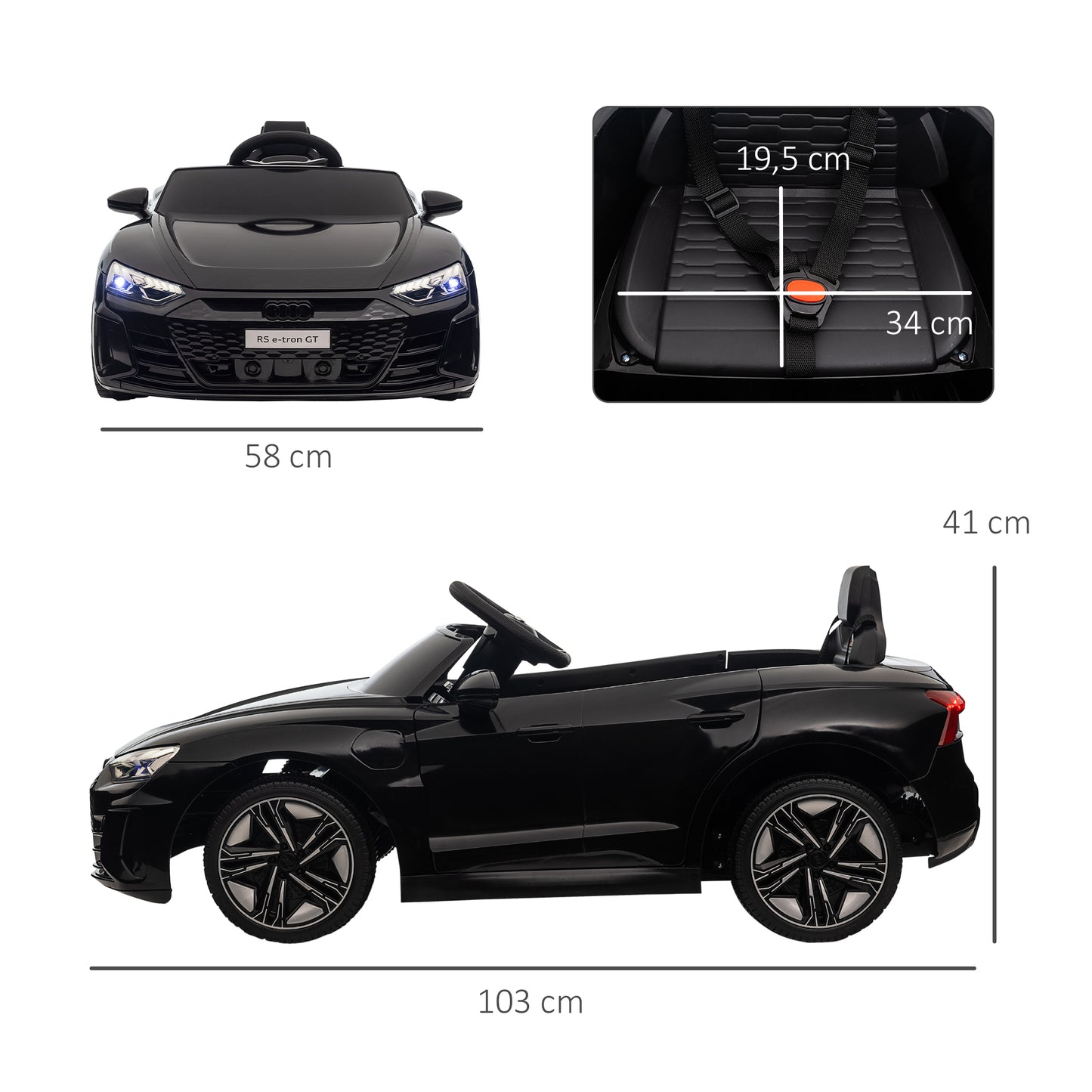 HOMCOM Kinderauto, Elektroauto, Audi-lizenziert, mit Sicherheitsgurt, Fernbedienung, Licht, schwarz, 103 x 58 x 41cm