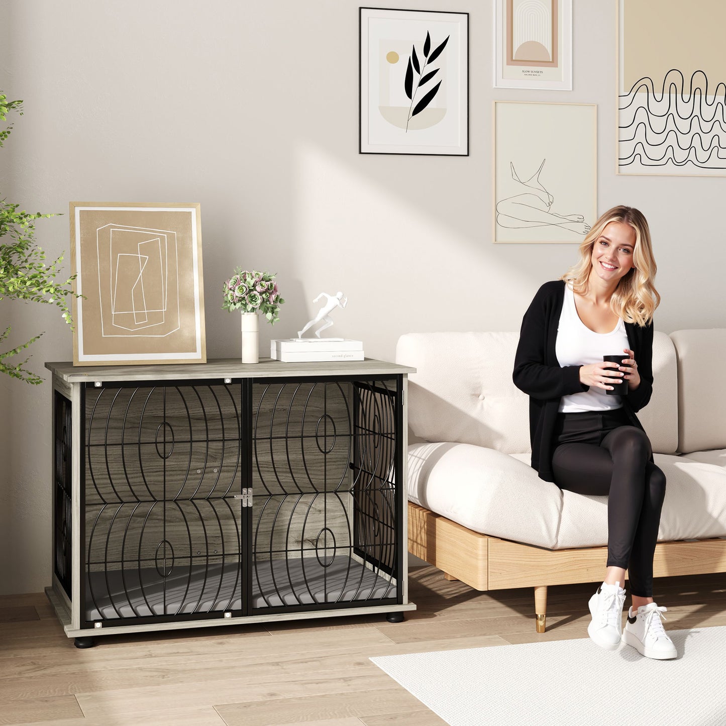 PawHut Hundebox, Hundekiste, Verschließbare Aufenthaltsbox für große Hunde, Grau