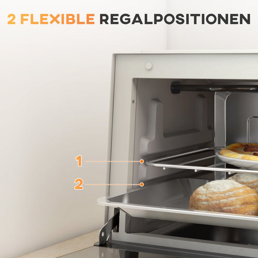 HOMCOM Minibackofen, 9 L Mini-Ofen mit Backblech, Grillrost, mit einstellbarer Temperatur und Garzeit, Edelstahl, Cremeweiß