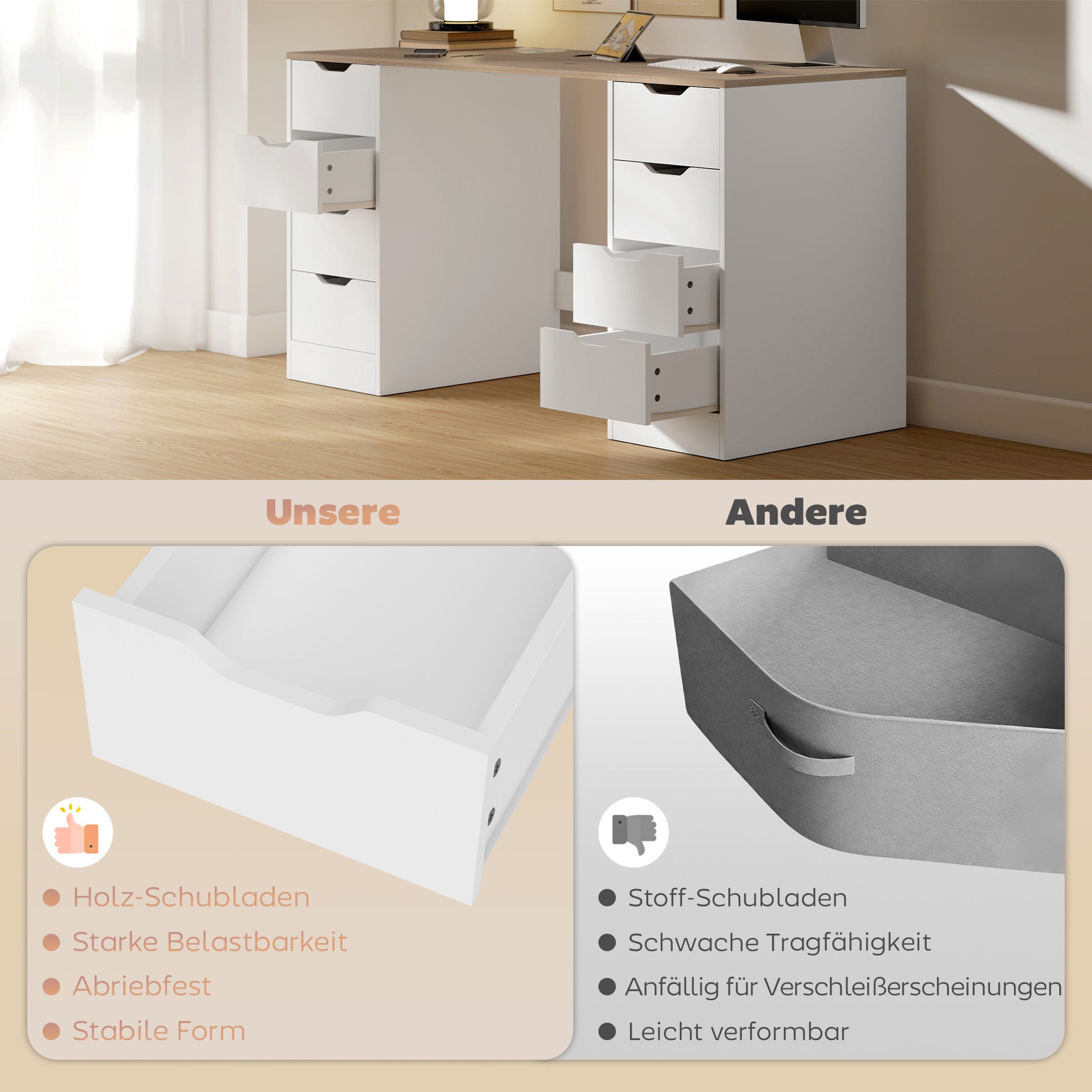 HOMCOM 140 cm Computertisch, 8 Schubladen, Schreibtisch für Homeoffice, Schlafzimmer, Stahl, Holz, Weiß