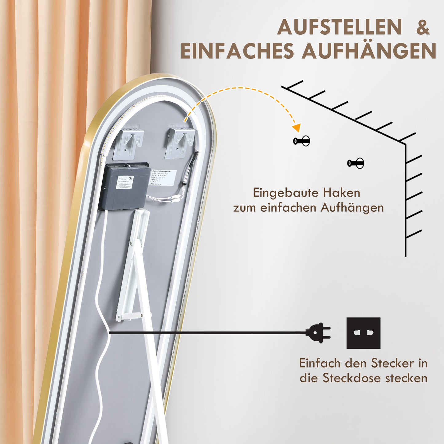 HOMCOM Standspiegel Wandspiegel Ganzkörperspiegel inklusive Wandbefestifung, 151,5 x 50 x 4 cm, Gold