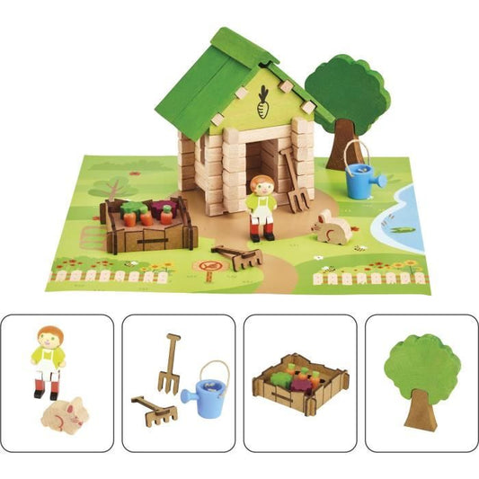 The Gardener's Hut 60 Pieces - JEUJURA - Natural Wood Construction Game, Mat and Accessories Included, 22x18.5x8.5 cm