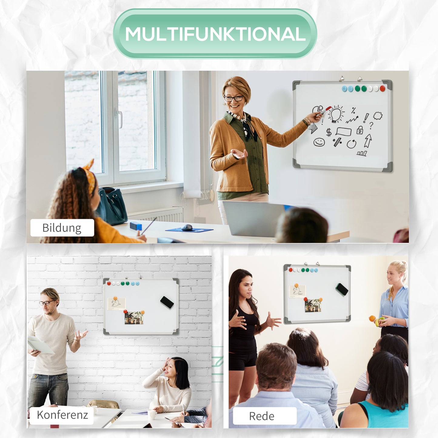 HOMCOM Whiteboard Magnettafel, leicht abwischbar, mit 4 Markern, 10 Magneten, 1 Radierer, 60 x 1,8 x 45cm