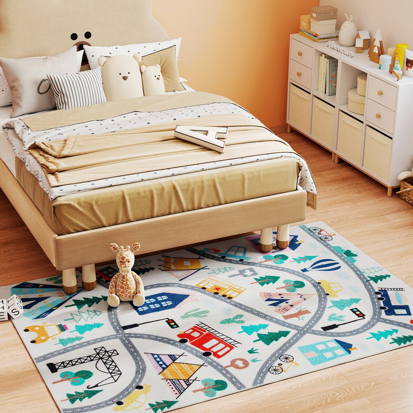 HOMCOM Teppich mit Autobahn-Muster, weißer Hintergrund, weiches Fleece, pflegeleicht, Bunt