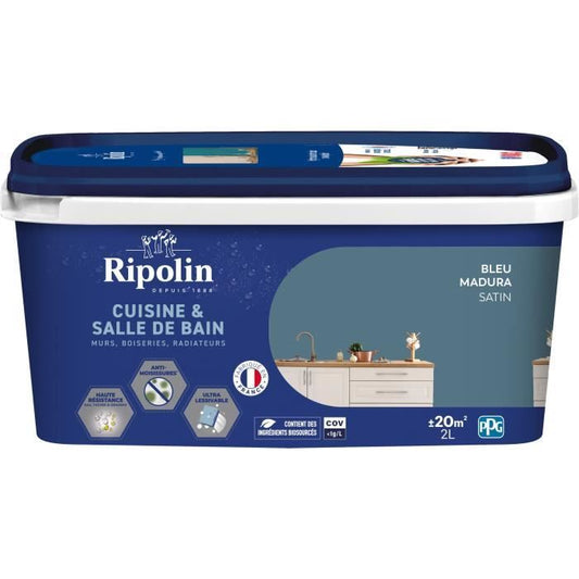 Paint for walls, woodwork, ceilings, radiators - RIPOLIN - Kitchen and bathroom - 2 L - Madura Blue
