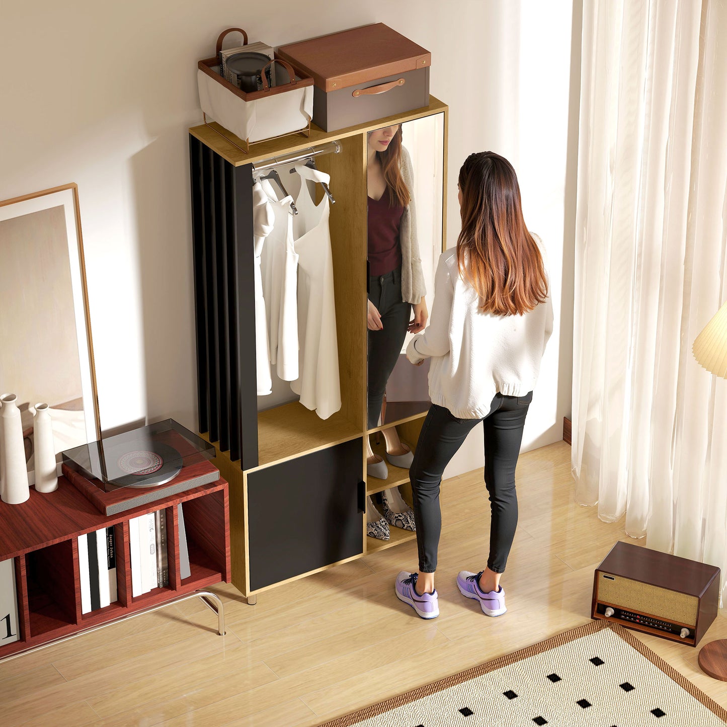 HOMCOM Kleiderschrank mit Spiegel und Hängestange, Aufbewahrungsfächer, offene Ablageflächen, Naturholz, Schwarz