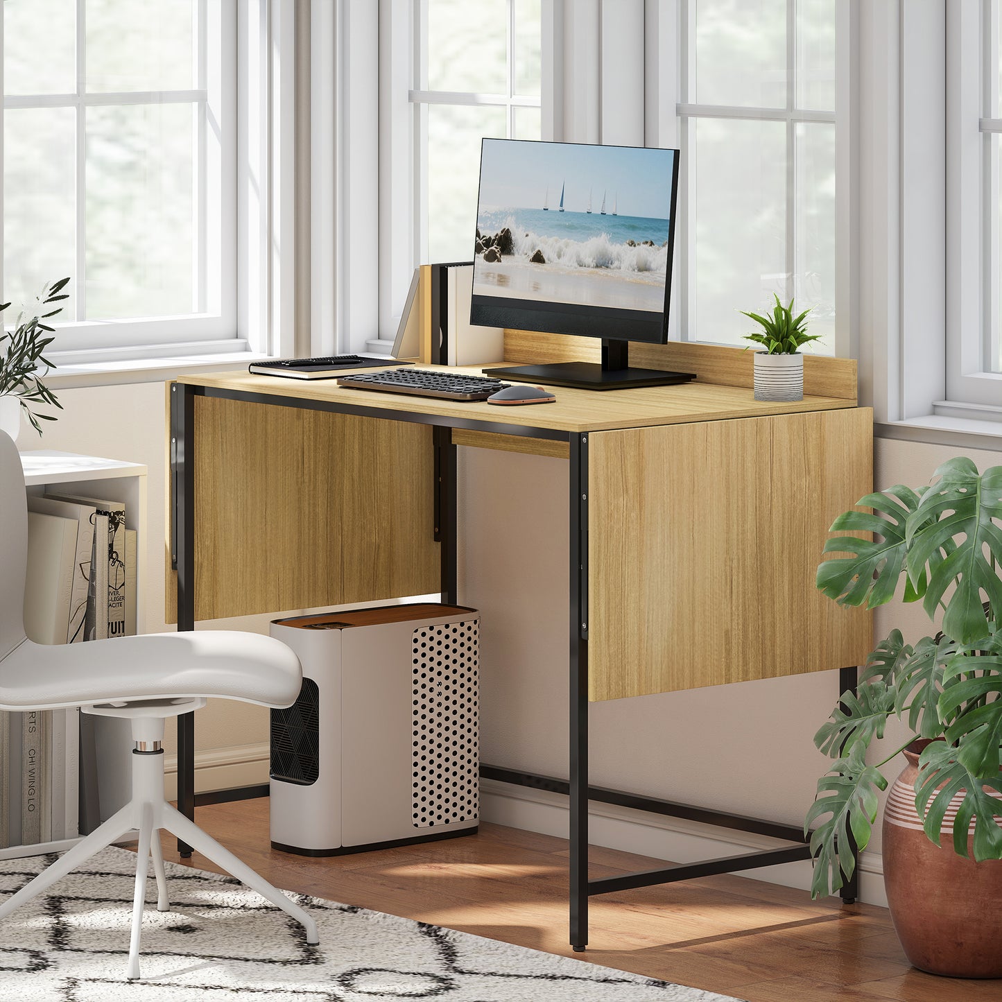 HOMCOM Klappbarer Computertisch mit 2 Ausziehplatten, viel Platz für Monitore, Metallbeine, robuste Konstruktion, Eiche+Schwarz